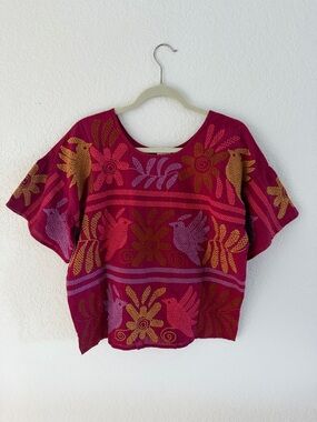 Sister Mary Oversized Embroidered Boho Blouse XS 100% Cotton Pink Bird Floral